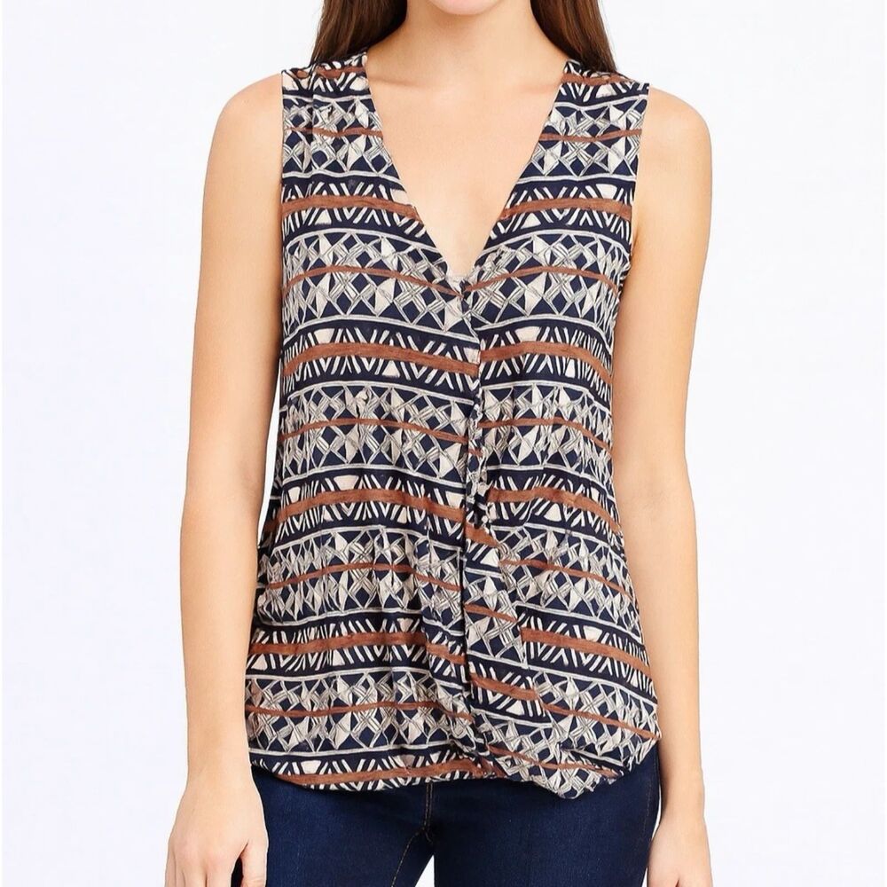 Lucky Brand Shirt Women 1X Linen Viscose Top Razor Back Sleeveless Boho Aztec